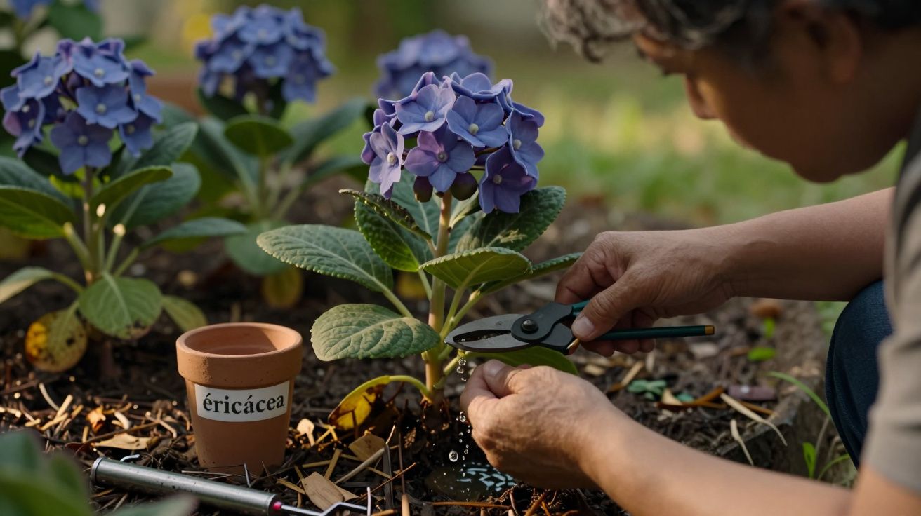 Pessoa cuidando de hortênsias, usando tesouras de poda, com vaso etiquetado "éricácea" ao lado.