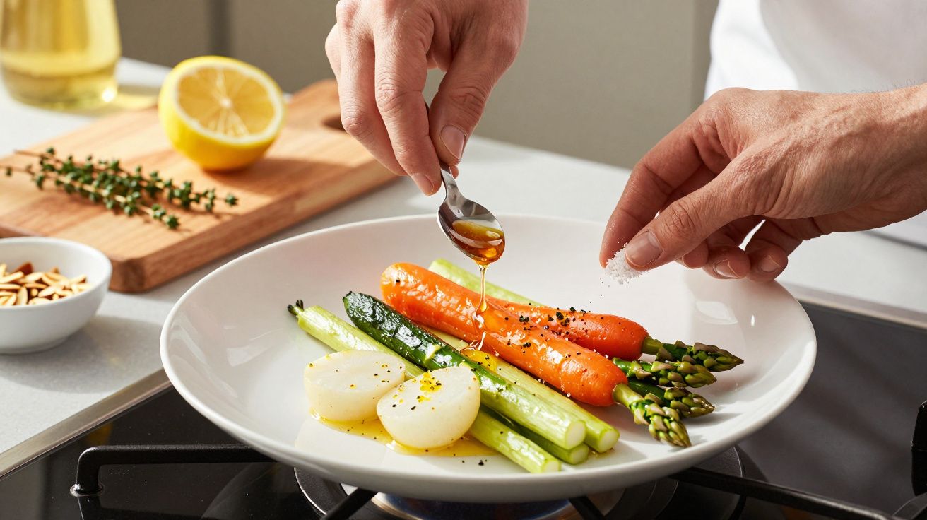 Mãos decorando um prato de vegetais cozidos com azeite, incluindo cenouras e espargos. Fundo com limão e ervas.