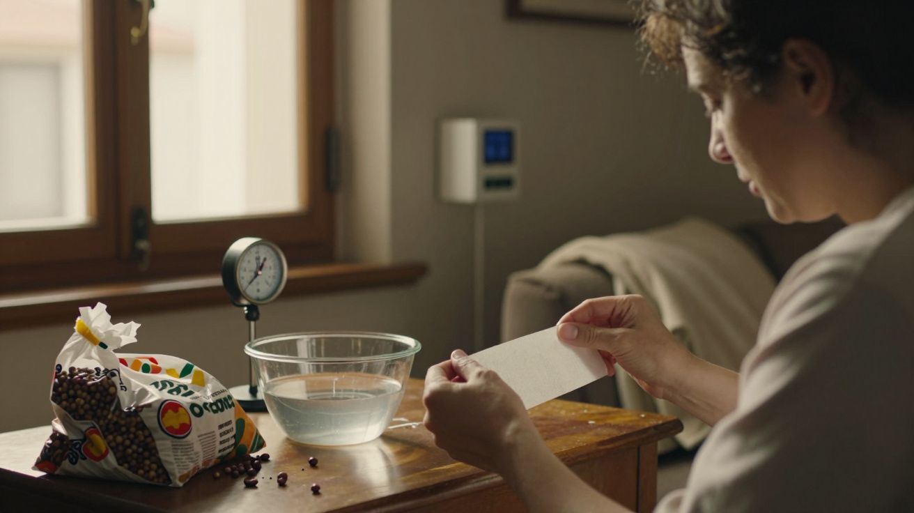 Mulher segura papel perto de tigela com água, saco de grãos e indicador no fundo, em uma sala iluminada.