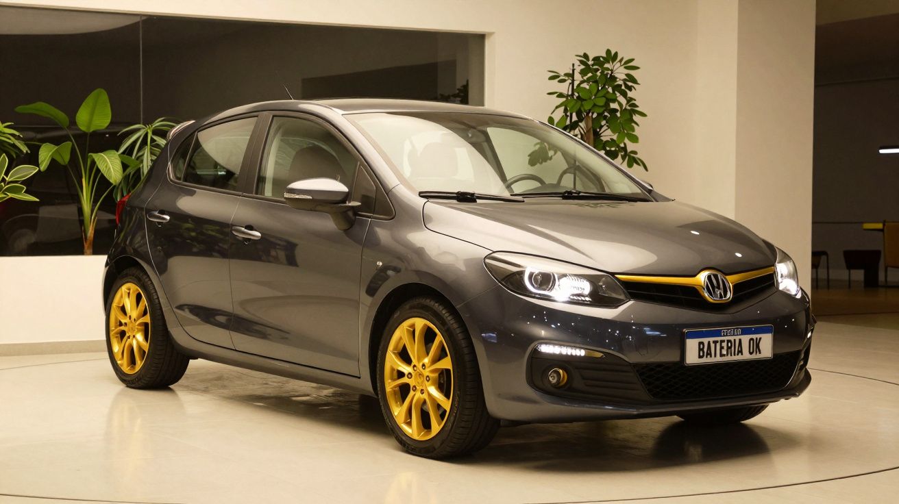 Carro cinza com jantes douradas, num showroom iluminado. Placa diz "BATERIA OK". Plantas ao fundo.