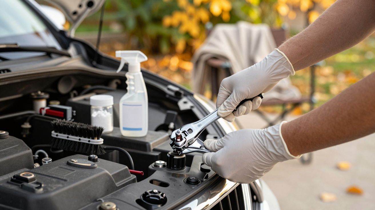 Pessoa com luvas ajusta peça de motor de carro com chave inglesa, com frasco spray e escova ao fundo.