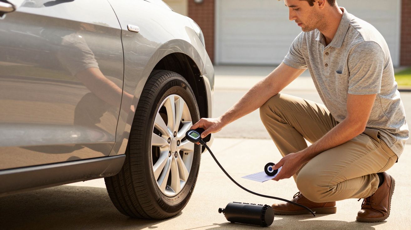 Homem verifica a pressão do pneu de um carro prateado com um medidor digital na garagem.