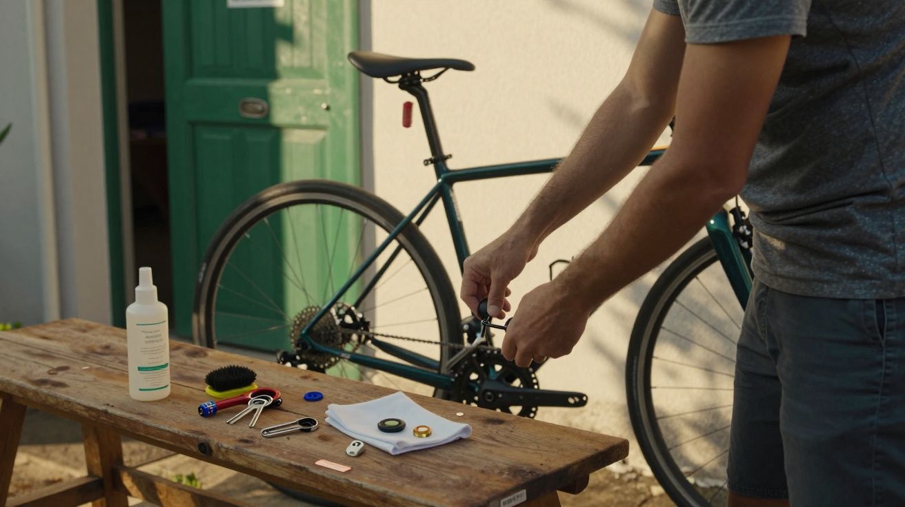 Homem a ajustar bicicleta em frente a uma porta verde, com ferramentas e lubrificante numa mesa de madeira.