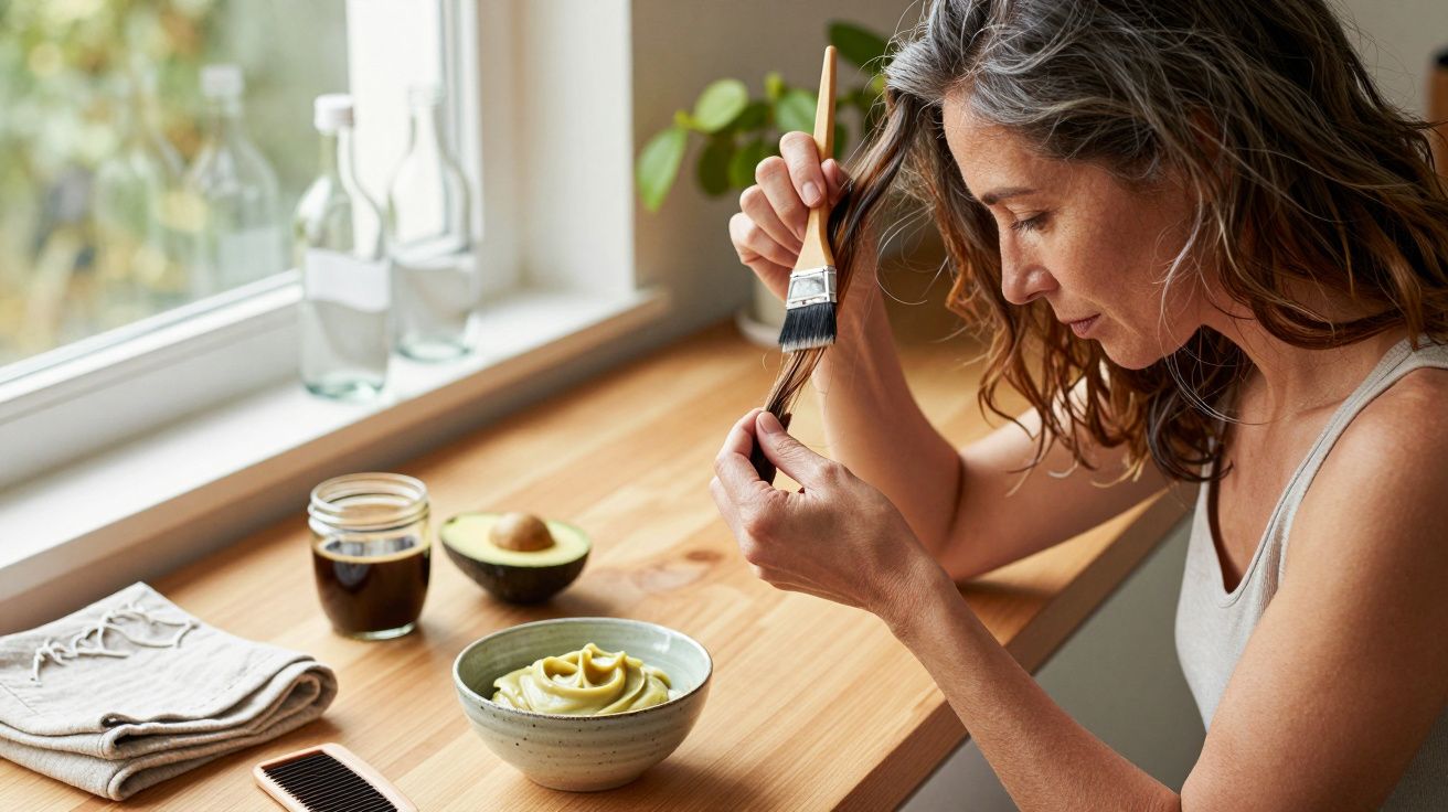 Mulher com cabelo grisalho aplica máscara capilar de abacate com pincel, sentada junto a uma janela iluminada.