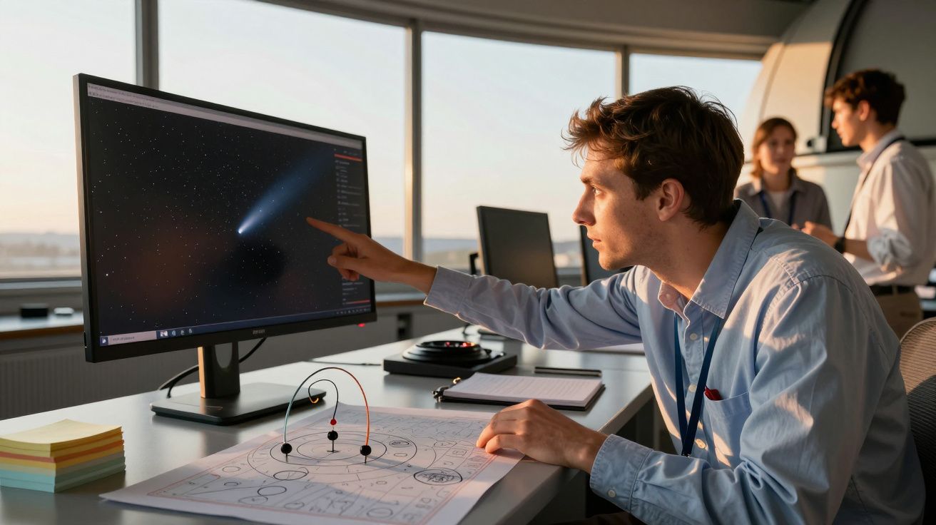 Homem aponta para cometa no ecrã de computador em escritório, planos e colegas ao fundo.