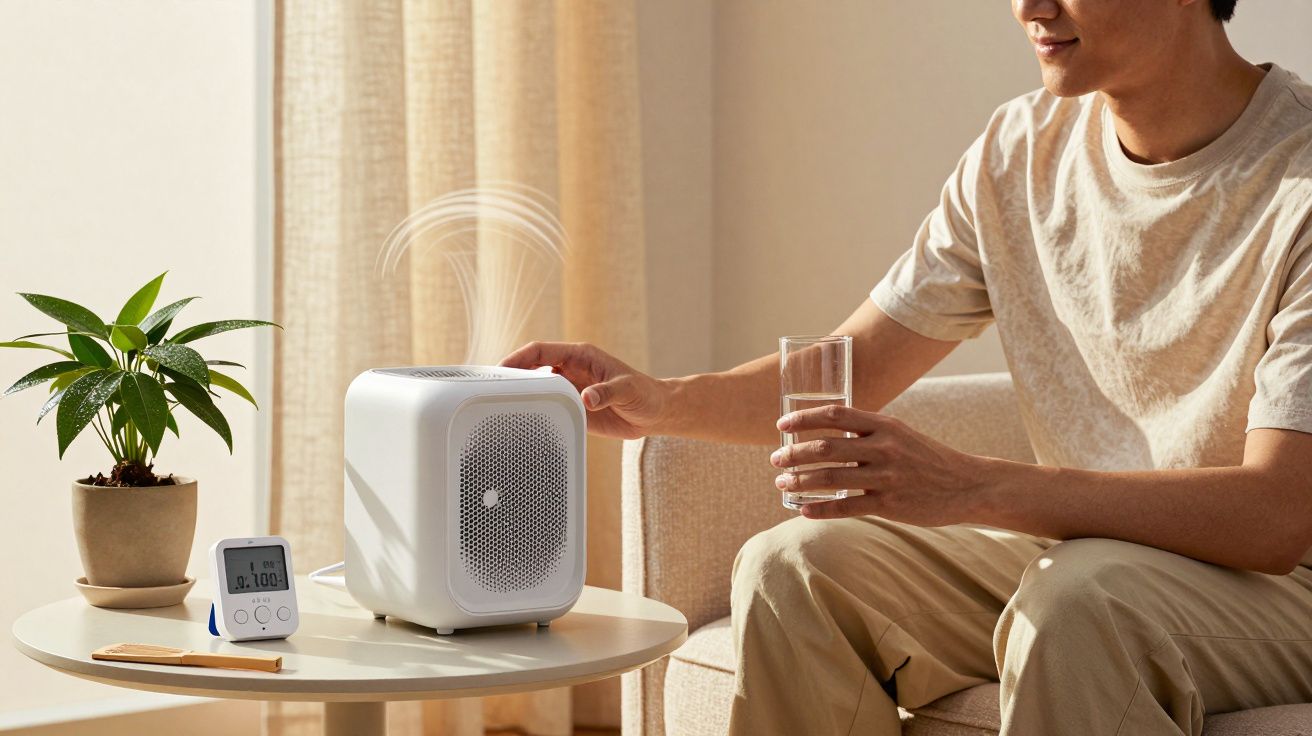 Homem sentado ajusta aquecedor portátil numa mesa com vaso de planta, copo de água e termómetro ao lado.