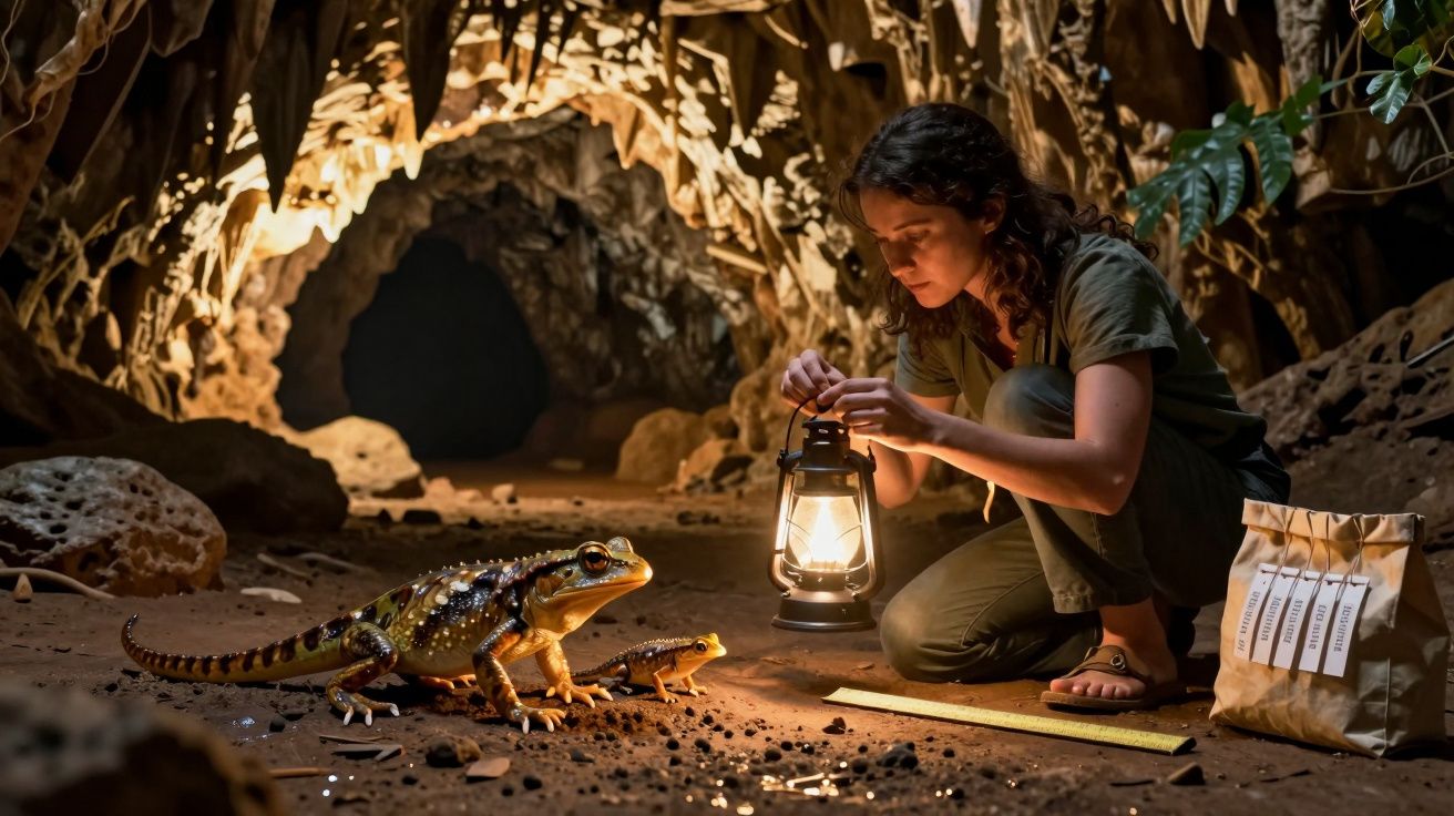 Mulher com lanterna observa lagarto grande e pequeno numa caverna, cercada por estalactites e sacos de papel no chão.