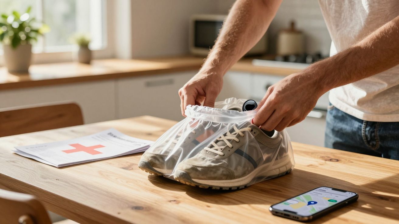 Pessoa a proteger ténis com capa plástica, ao lado de um telemóvel e papel com cruz vermelha numa bancada de cozinha.