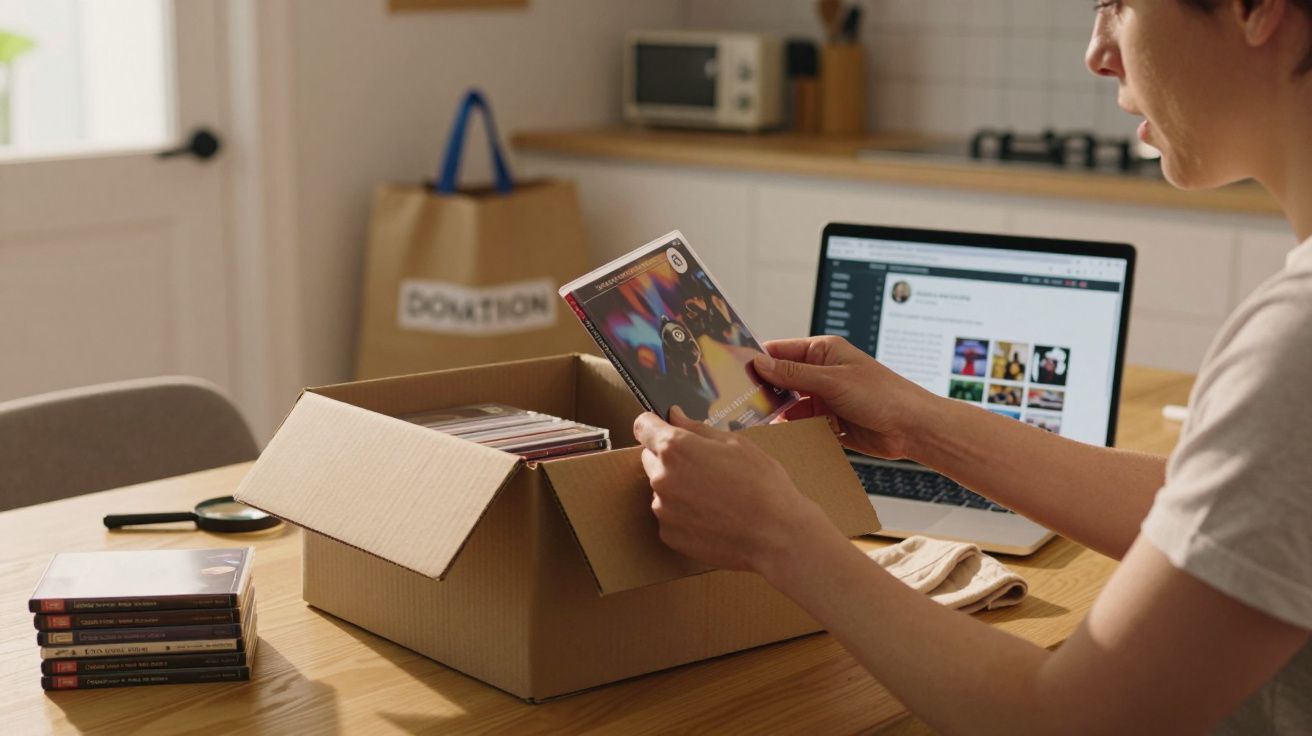Pessoa embala DVDs numa caixa de papelão numa cozinha, com um computador ao fundo e saco de doações ao lado.