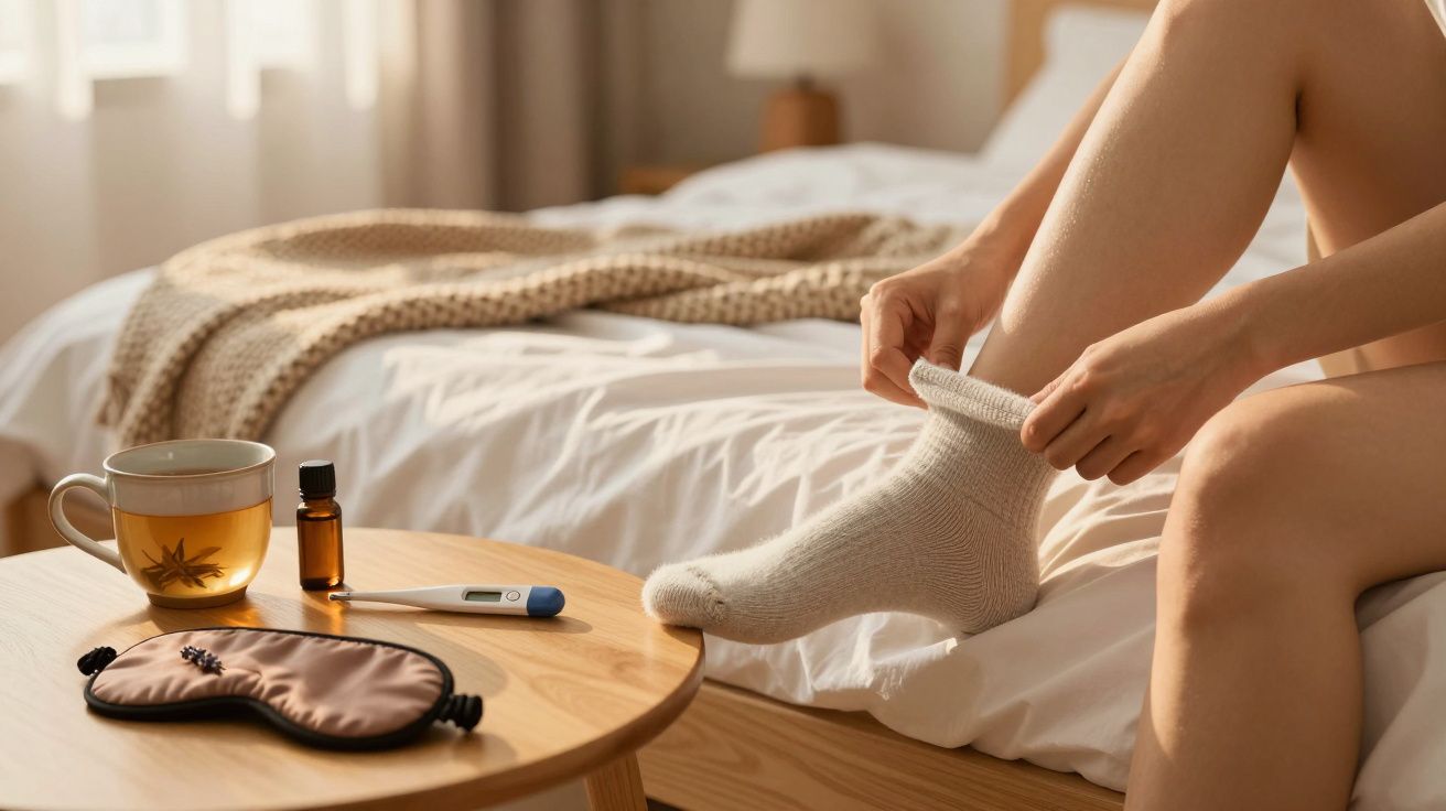 Pessoa a vestir meias sentada em cama, com chá, termómetro e máscara de dormir na mesa ao lado.