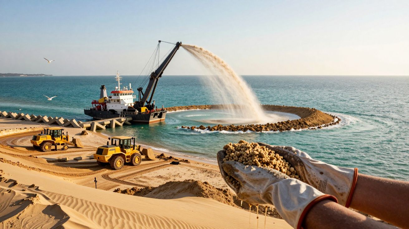 Máquinas e barco constroem ilhota de areia no mar. Mãos com luvas seguram areia em primeiro plano.