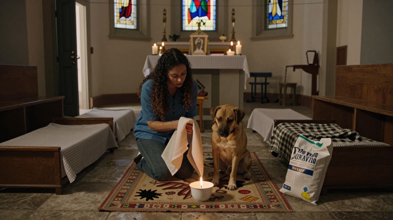 Mulher ajoelhada num altar com um cão e vela acesa, ao lado de sacos de ração, em ambiente acolhedor.
