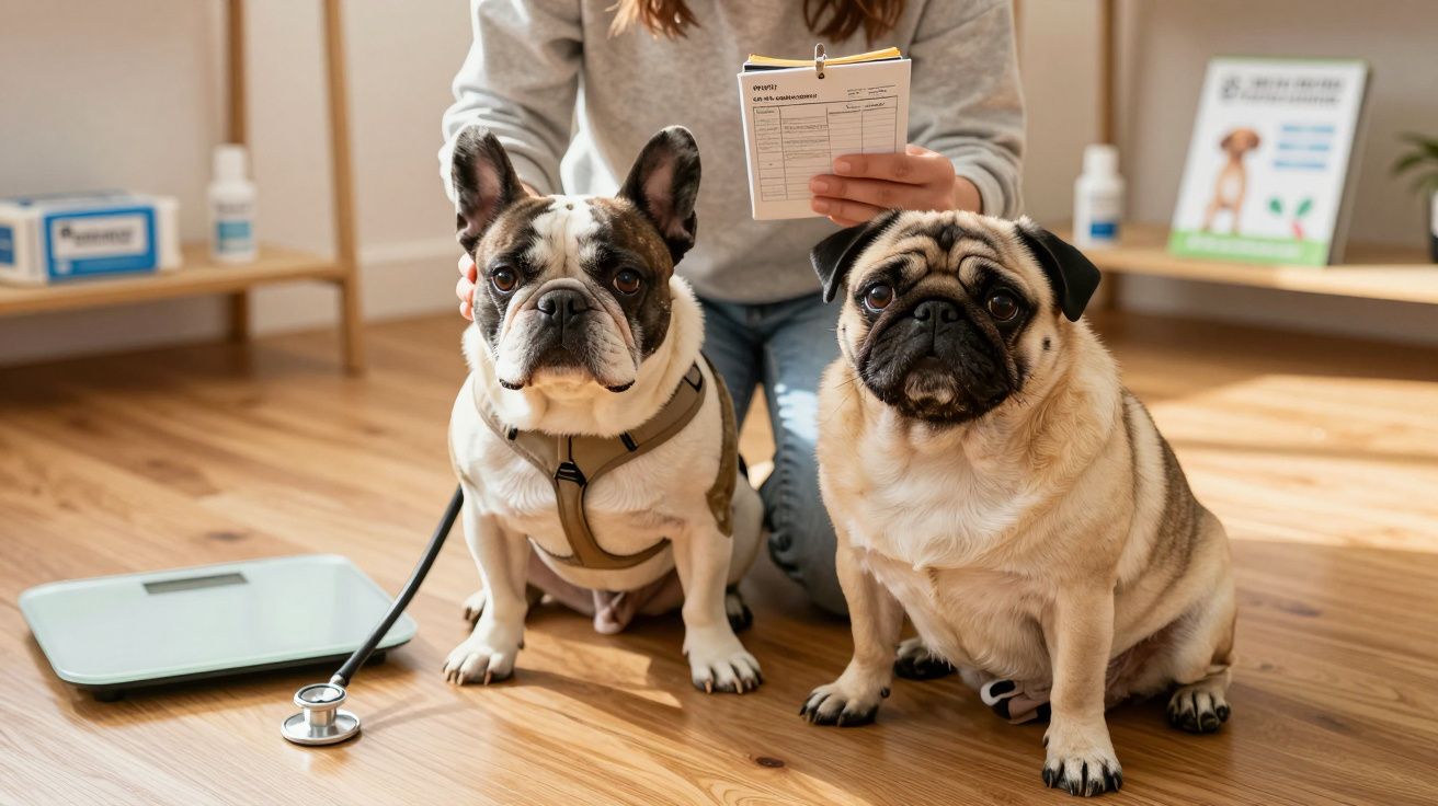 Dois cães sentados no chão de madeira ao lado de uma balança, com uma pessoa segurando um caderno ao fundo.