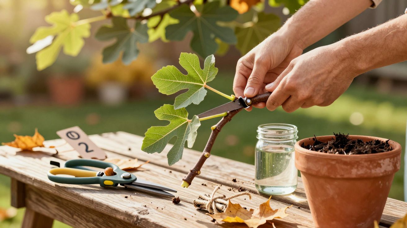 Pessoa a cortar um ramo de figueira em mesa de madeira com tesoura de poda, vaso e jarra de água ao ar livre.
