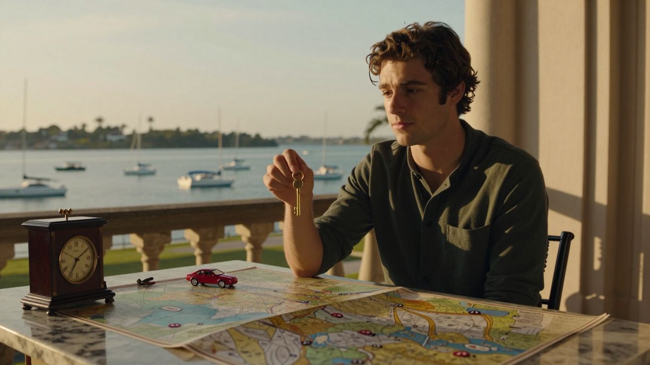 Homem sentado em mesa com mapa e relógio, segurando chave; vista para o mar e barcos ao fundo.