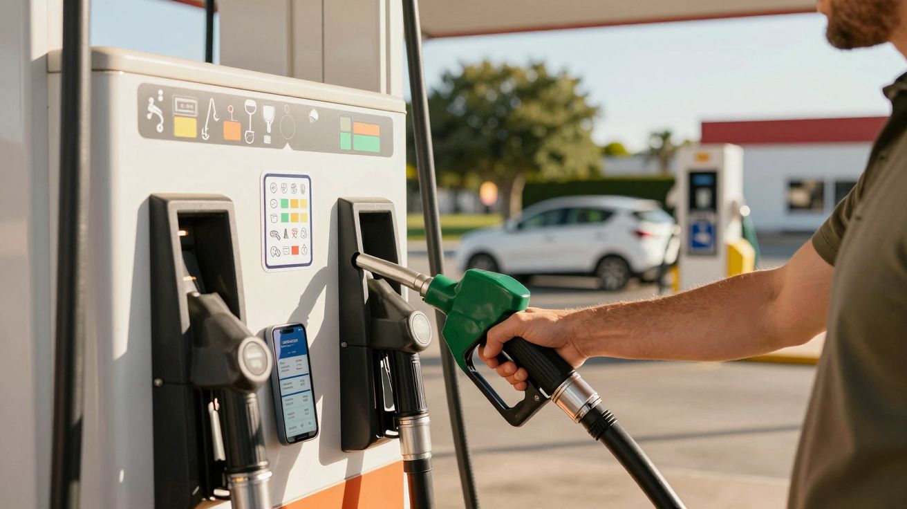 Pessoa abastece carro com gasolina numa estação de serviço ensolarada, segurando uma mangueira verde.