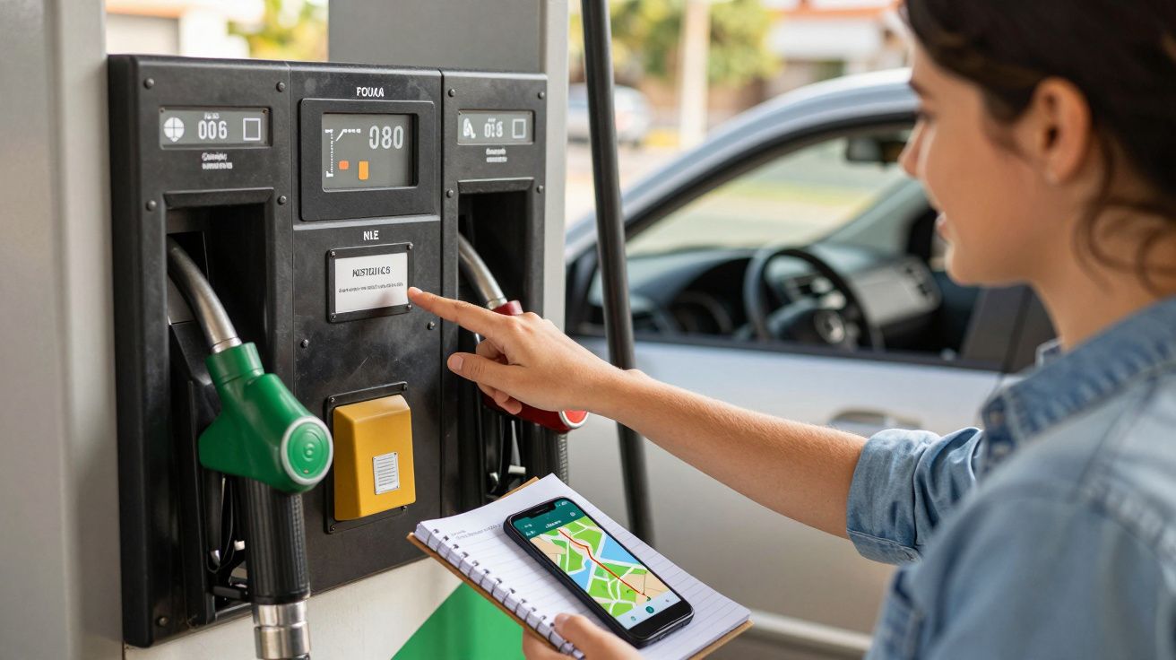 Mulher a abastecer carro, segurando bloco de notas com mapa digital no posto de gasolina.