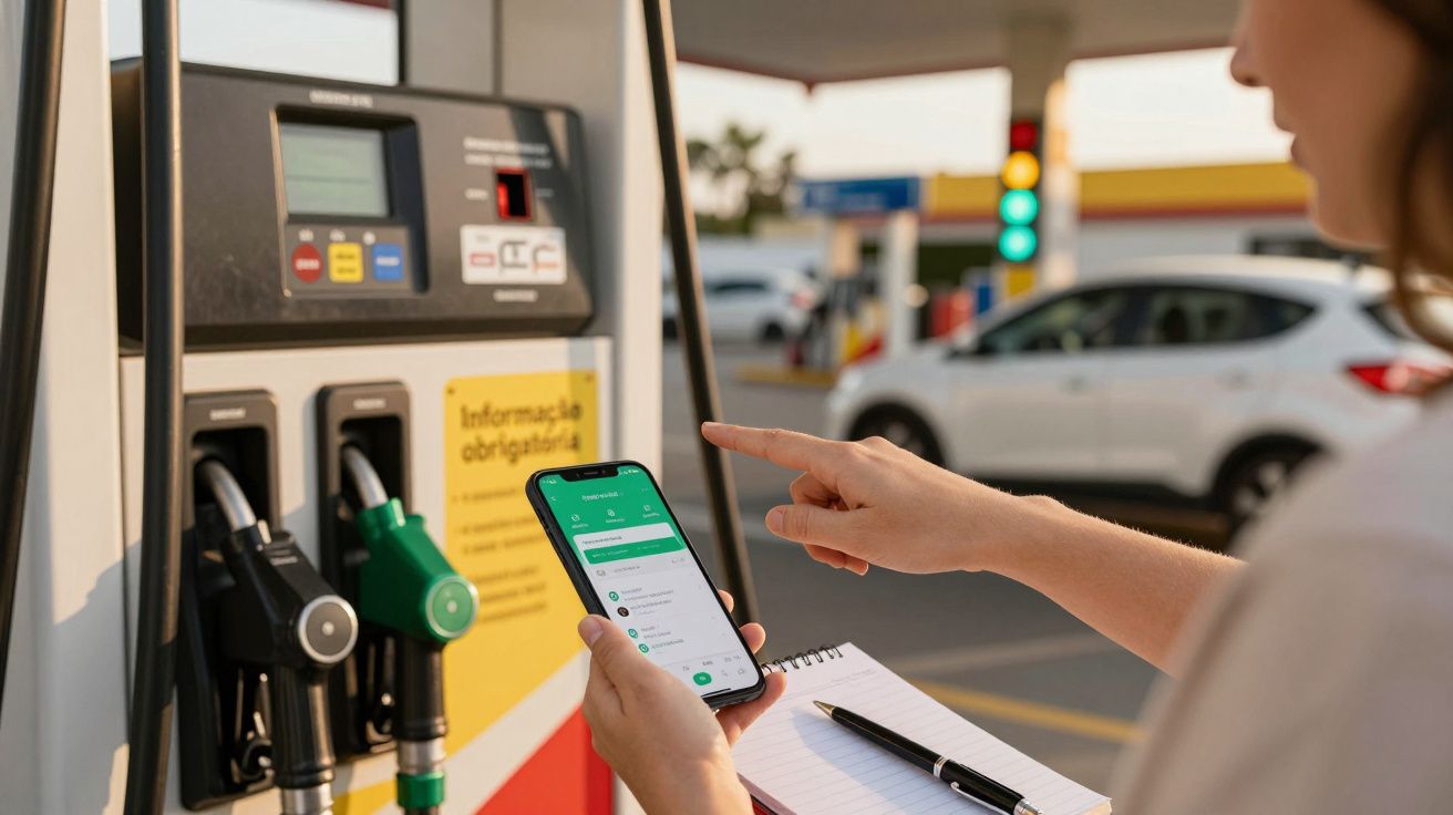 Pessoa verifica app de pagamento num posto de gasolina, junto a uma bomba de combustível, com carro ao fundo.