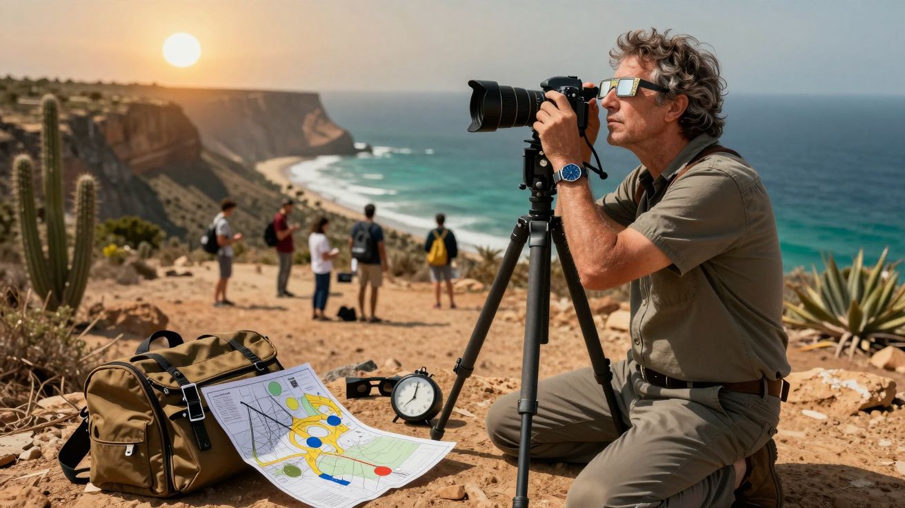 Homem fotografa paisagem costeira ao pôr do sol, com grupo ao fundo. Mapa e bolsa no chão ao lado.