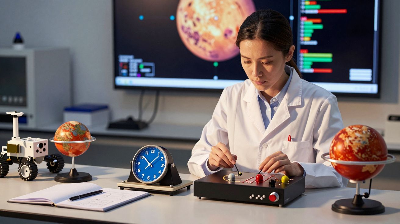 Mulher cientista trabalha em mesa com modelos de planetas, veículo robótico e ecrãs mostrando imagens espaciais.