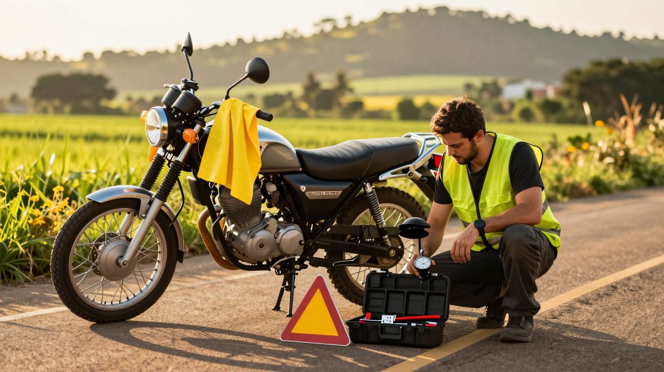 Homem verifica a pressão do pneu de uma moto parada na estrada, com colete de segurança e kit de ferramentas no chão.