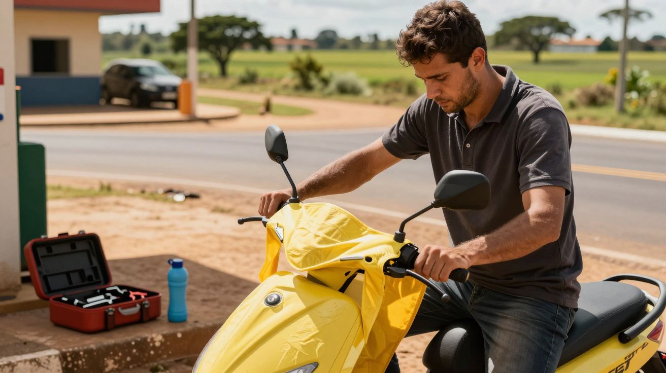 Homem de camisa preta mexe na sua scooter amarela parada numa bomba de gasolina, com mala de ferramentas ao lado.