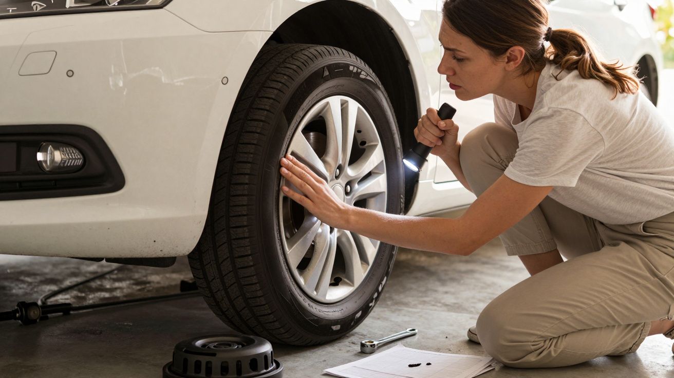 Mulher inspecciona pneu de carro branco com uma lanterna numa garagem. Ferramentas e caderno no chão.