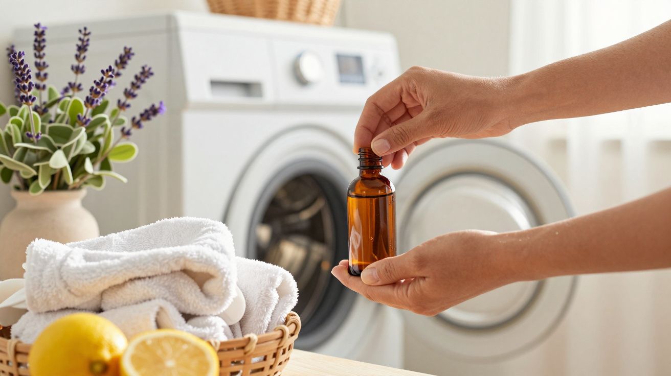 Mãos segurando frasco de óleo essencial, toalhas e lavandaria ao fundo com lavanda e limão por perto.