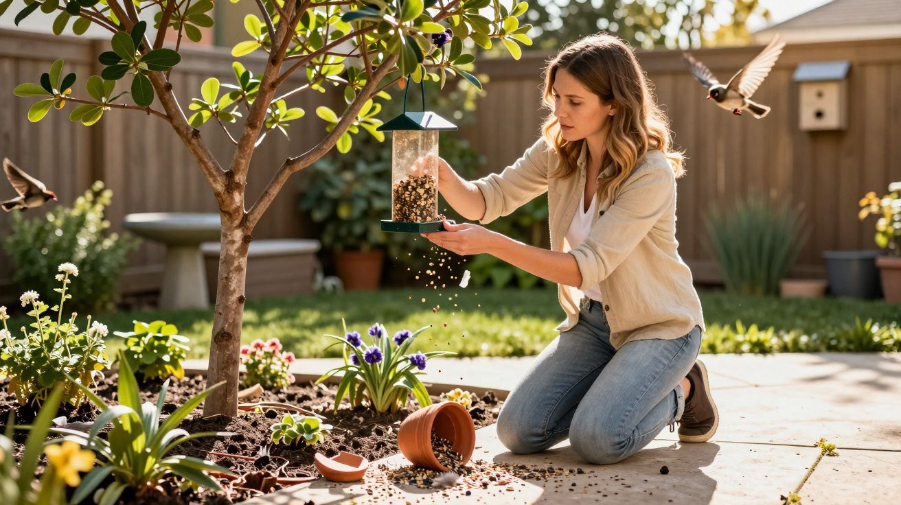 Mulher ajoelhada no jardim, enchendo um alimentador de pássaros perto de um vaso partido, com plantas e pássaros ao redor.