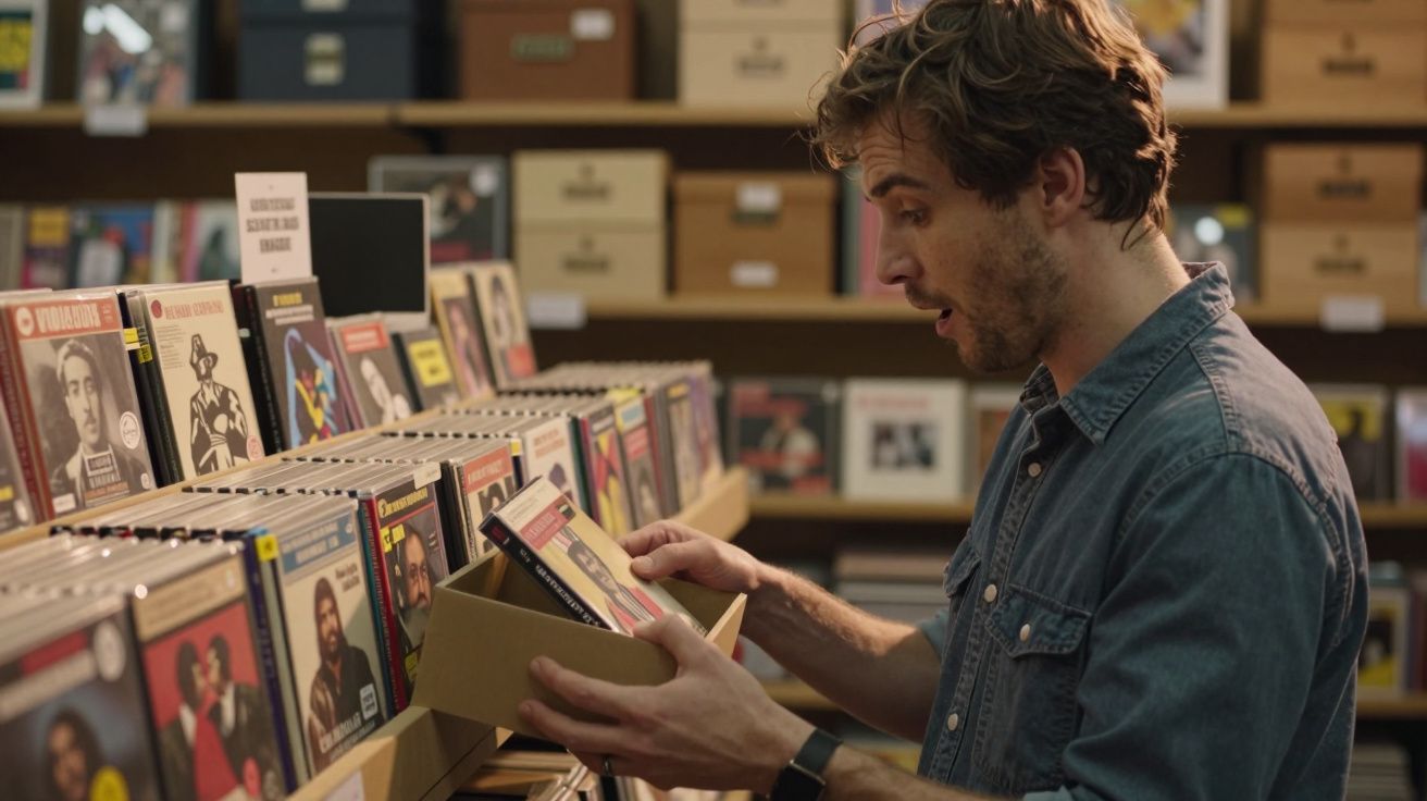 Homem examinando discos numa loja de música, rodeado por prateleiras cheias.
