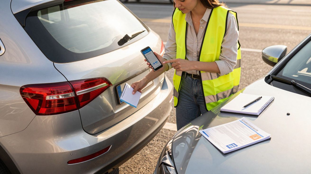 Mulher com colete refletor verifica telemóvel após colisão entre dois carros, com documentação sobre o capô.