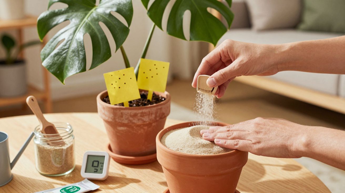 Pessoa cuidando de plantas em vasos de barro com terra e medidor de temperatura ao lado.