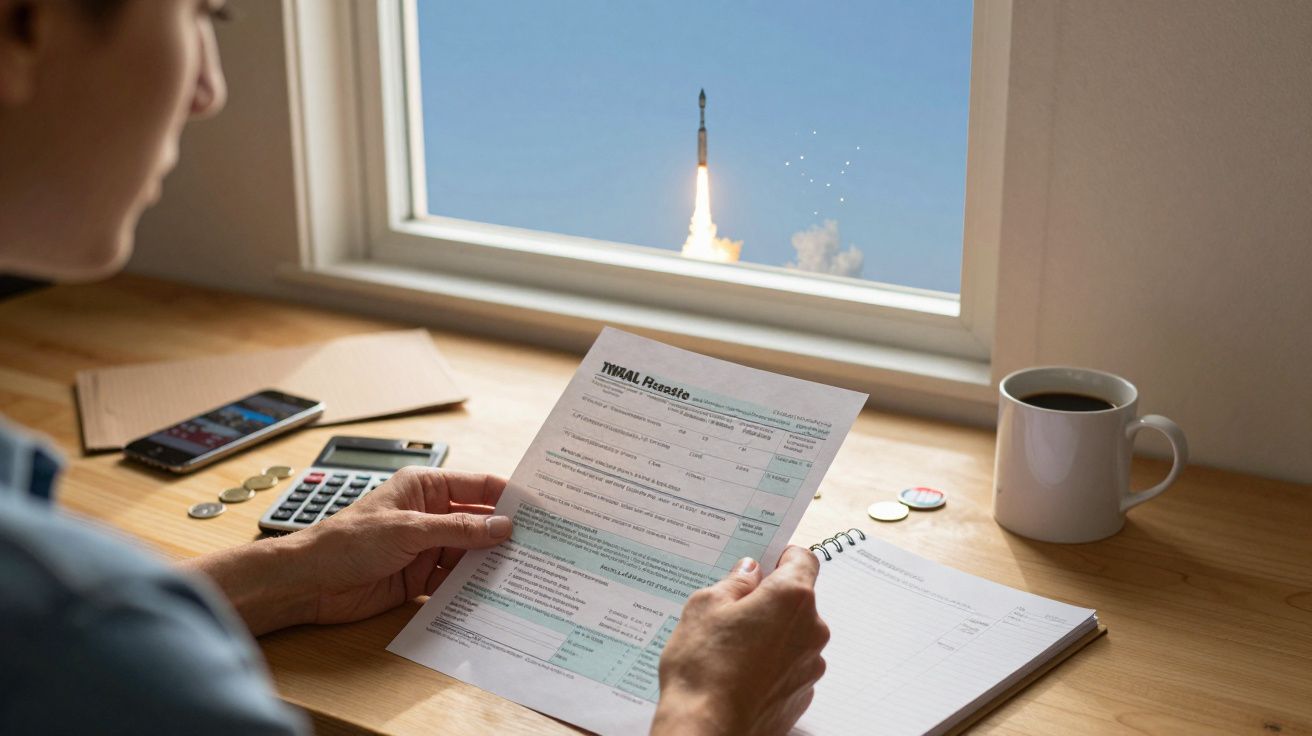 Homem olha para folha de cálculo numa secretária; ao fundo, um foguetão é lançado pela janela.