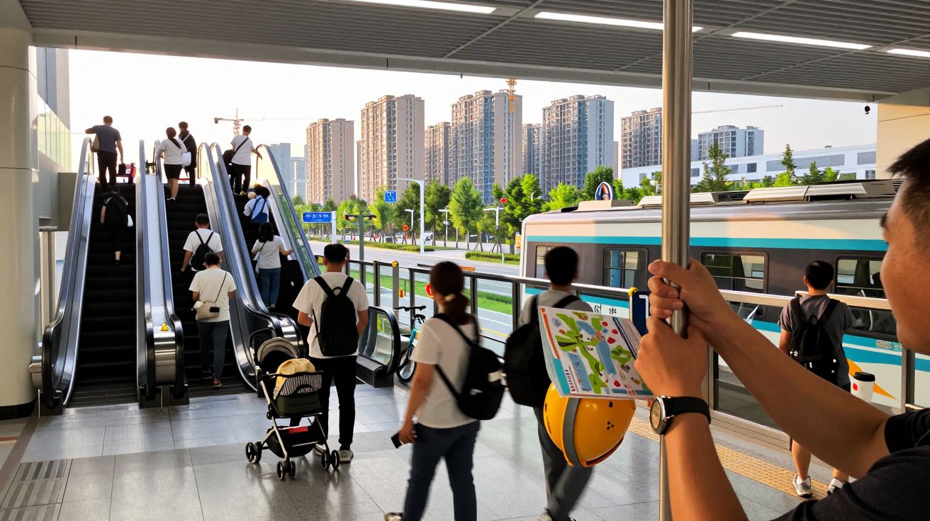 Estação de metro movimentada com pessoas nas escadas rolantes e comboio ao fundo; edifícios altos ao longe.
