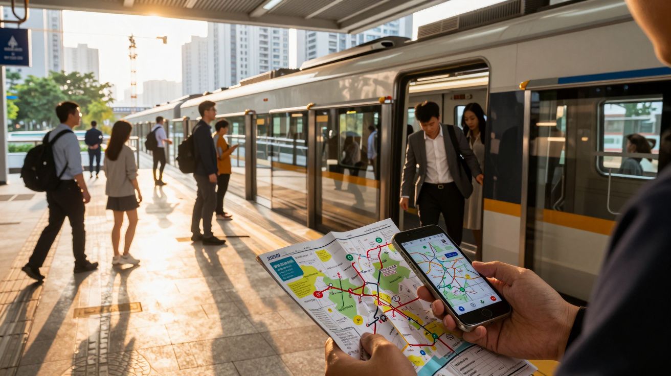 Passageiros saem de um comboio urbano ao pôr do sol; pessoa segura mapa e smartphone.