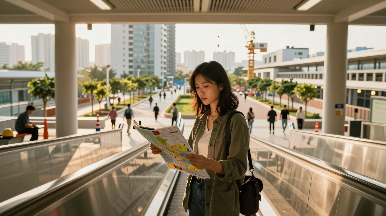 Mulher com mapa numa passarela rolante, edifícios ao fundo e várias pessoas a caminhar.