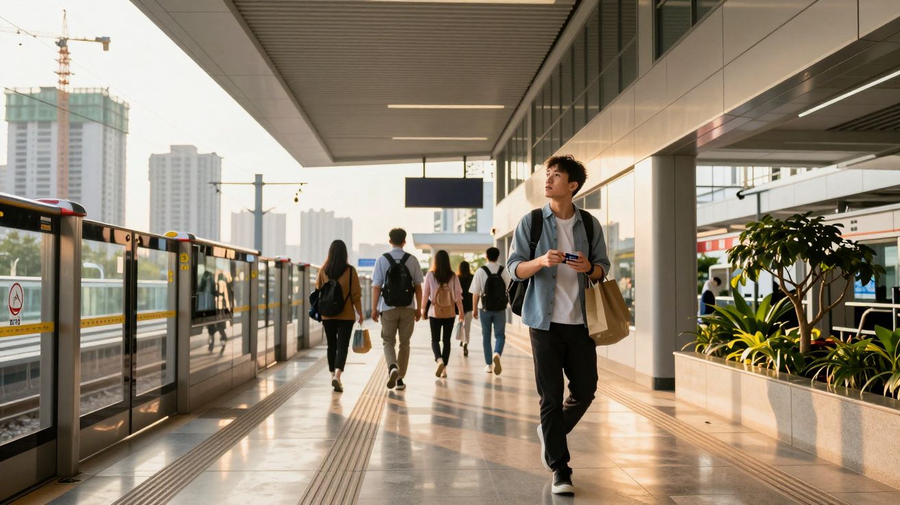 Pessoas a caminhar numa plataforma de estação moderna, com edifícios altos ao fundo e plantas ao lado.