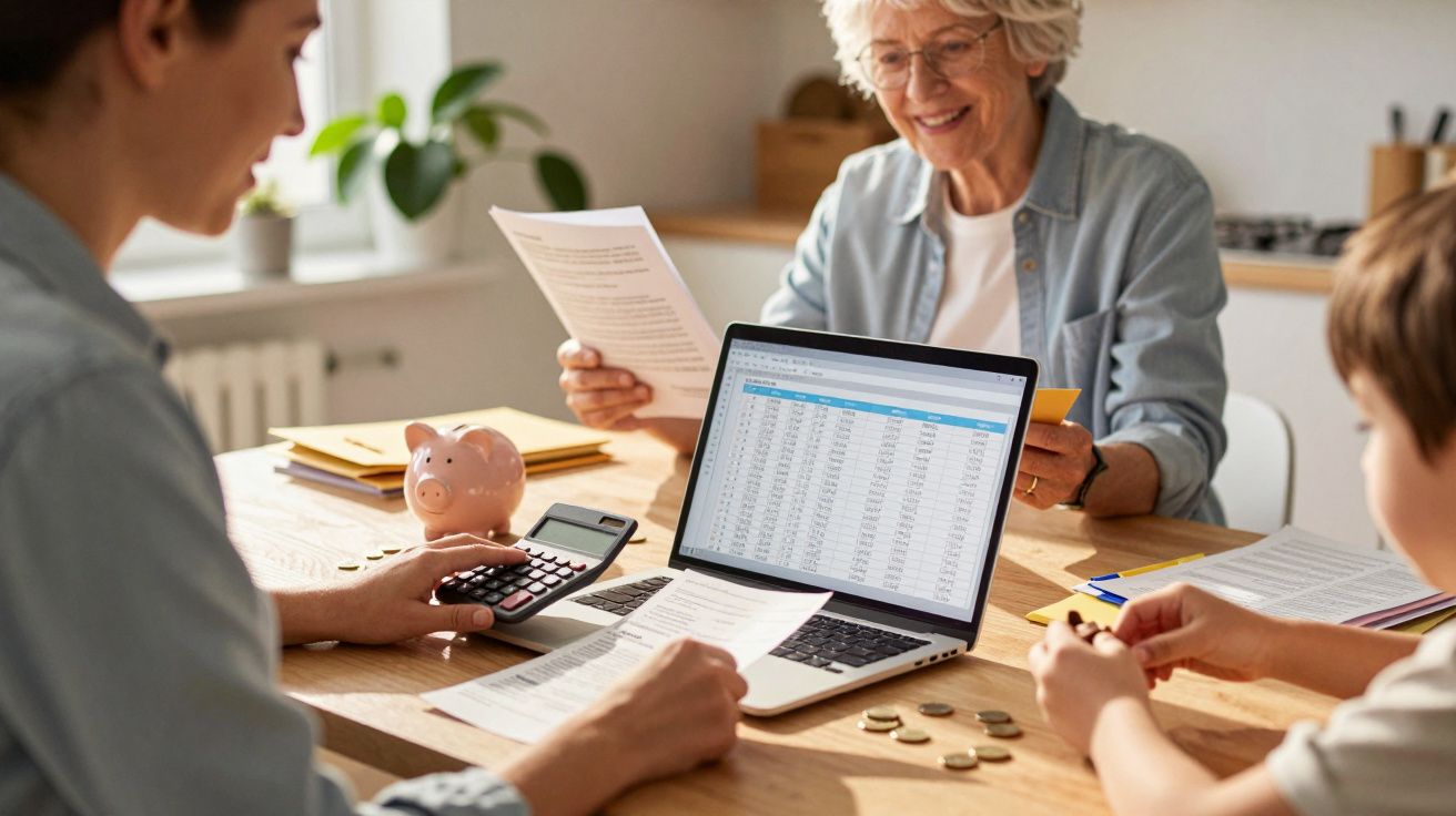 Três pessoas numa mesa discutem finanças. Computador com folha de cálculo, papéis, calculadora e mealheiro rosa.