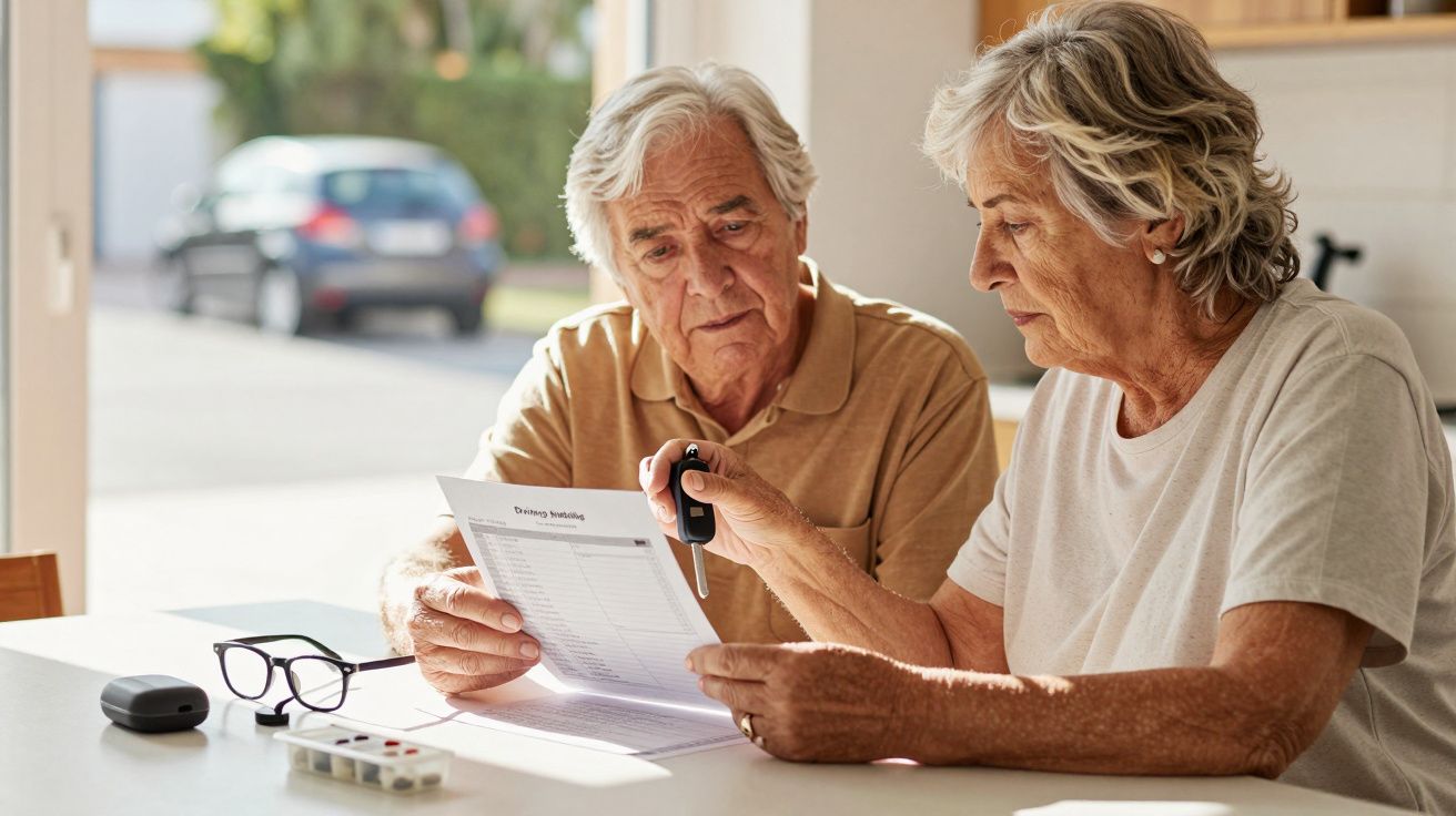 Casal idoso analisa documentos à mesa, com óculos e medicamentos por perto.