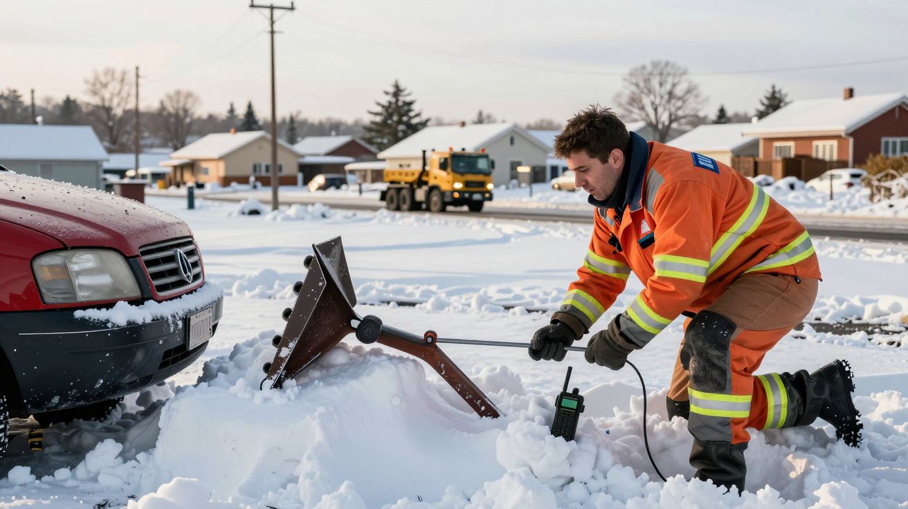 Homem de uniforme laranja usa reboque para retirar neve em frente a um carro vermelho, com casas ao fundo.