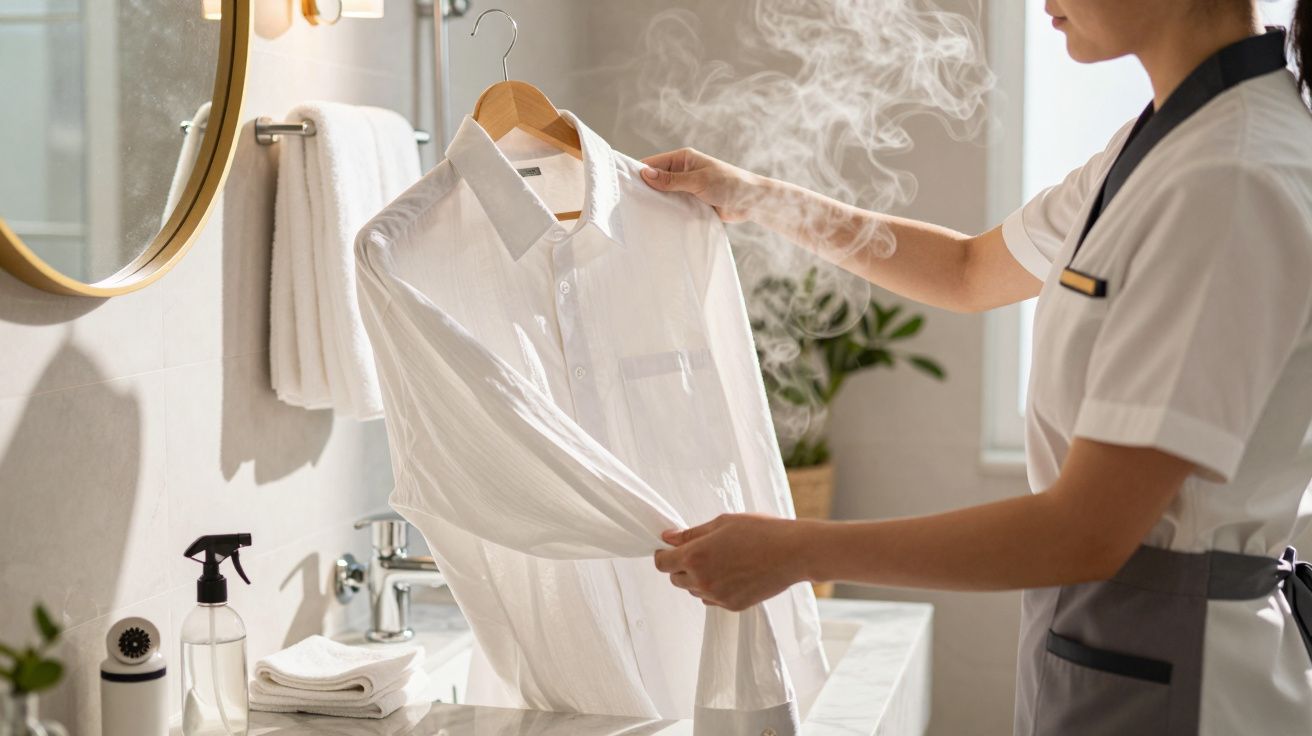 Empregada passa a ferro uma camisa branca com vapor num WC moderno.