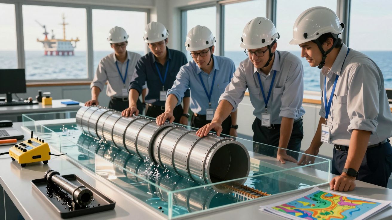 Engenheiros com capacetes discutem um modelo de tubulação em mesa, com uma plataforma de petróleo ao fundo.