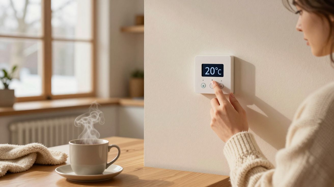 Mulher ajusta termostato para 20°C numa parede da cozinha, com chávena de café a fumegar na mesa ao lado.