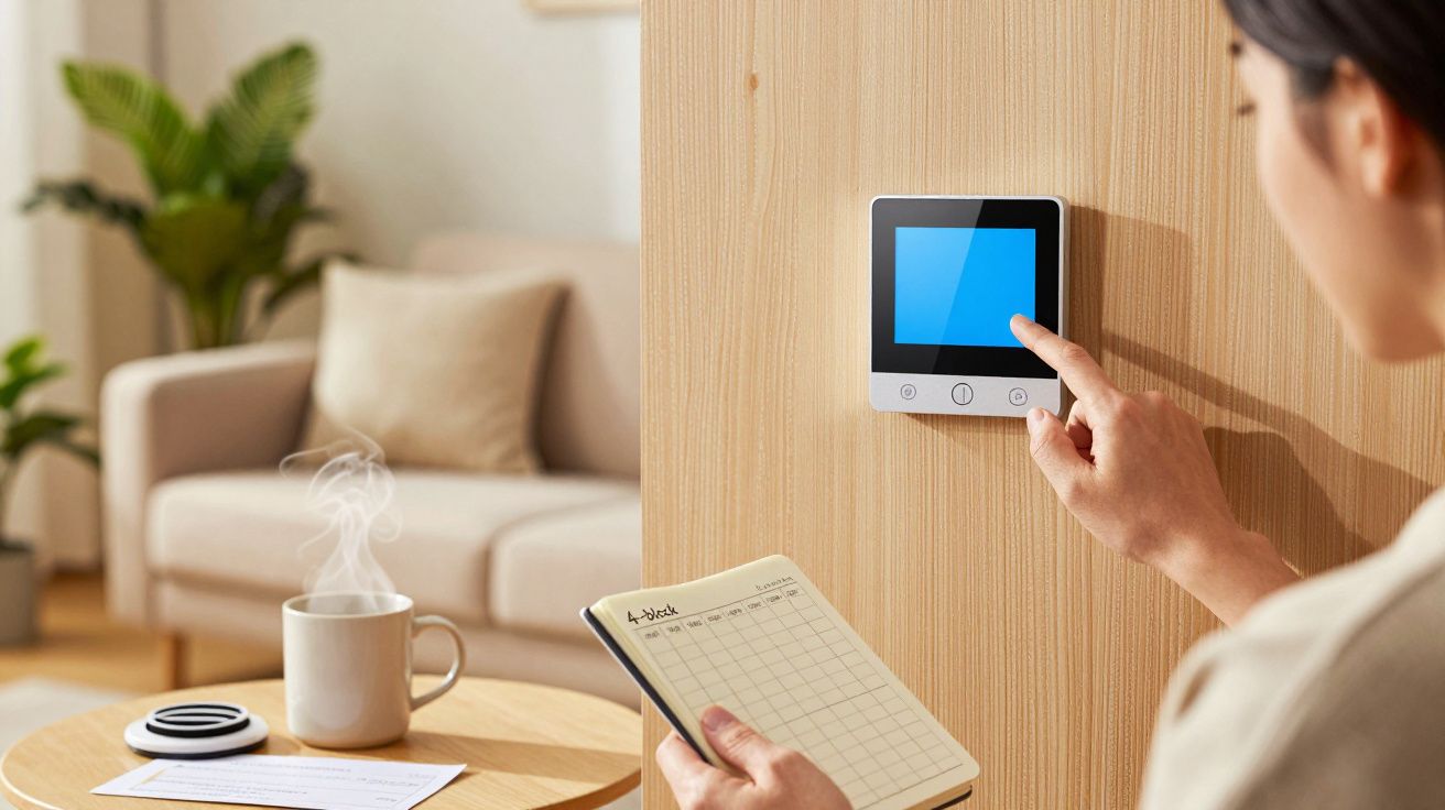Pessoa ajusta termostato numa sala moderna, com caderno na mão. Taça fumegante e plantas ao fundo.