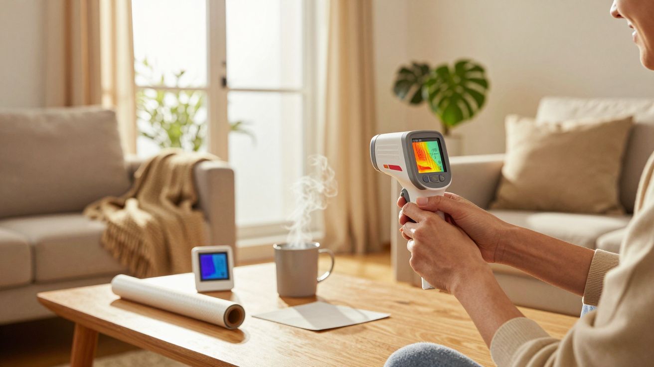 Pessoa segura câmara térmica numa sala de estar, com um sofá ao fundo e uma planta ao lado.