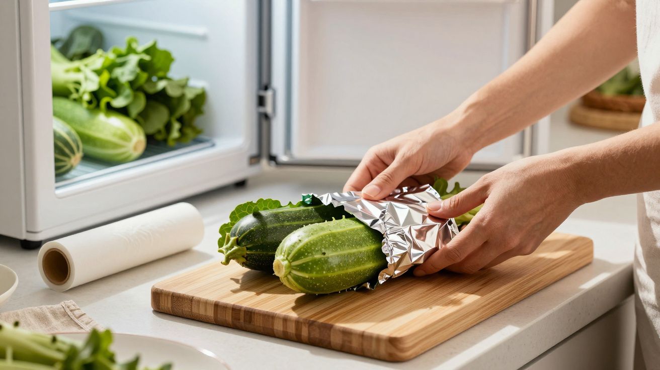 Pessoa a embrulhar pepinos em folha de alumínio numa tábua de madeira, com um frigorífico aberto ao fundo.