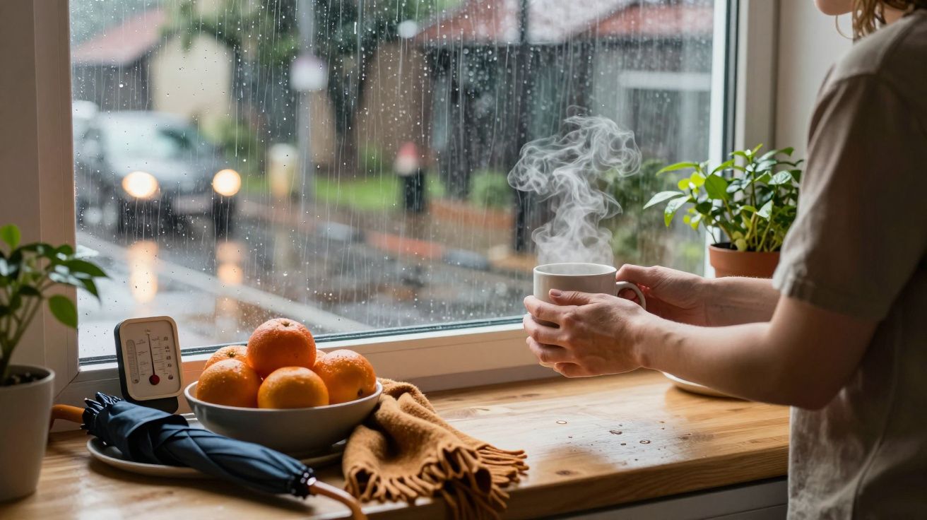 Pessoa segura chá quente à janela, dia chuvoso. Frutas e plantas decoram parapeito.