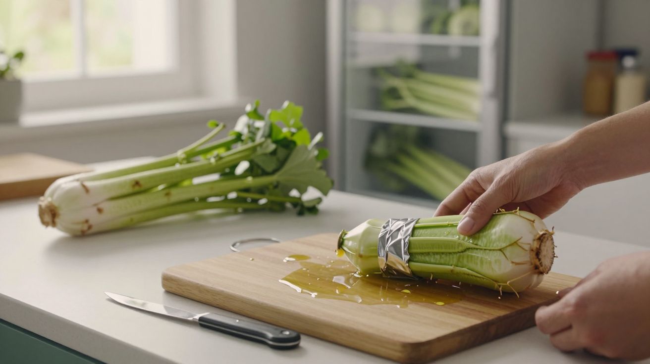 Pessoa segura aipo embrulhado em fita adesiva sobre tábua de cortar, com faca e geladeira ao fundo.