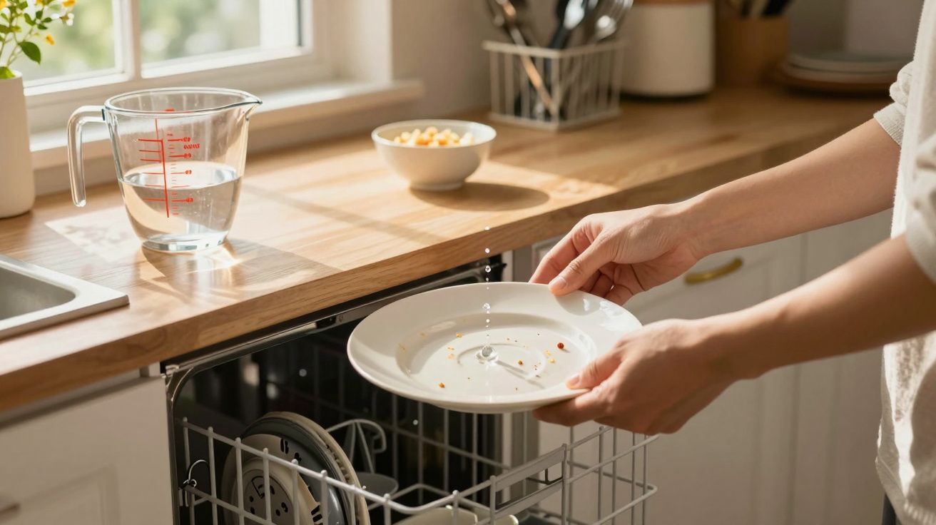 Pessoa a colocar um prato sujo na máquina de lavar louça numa cozinha iluminada pelo sol.