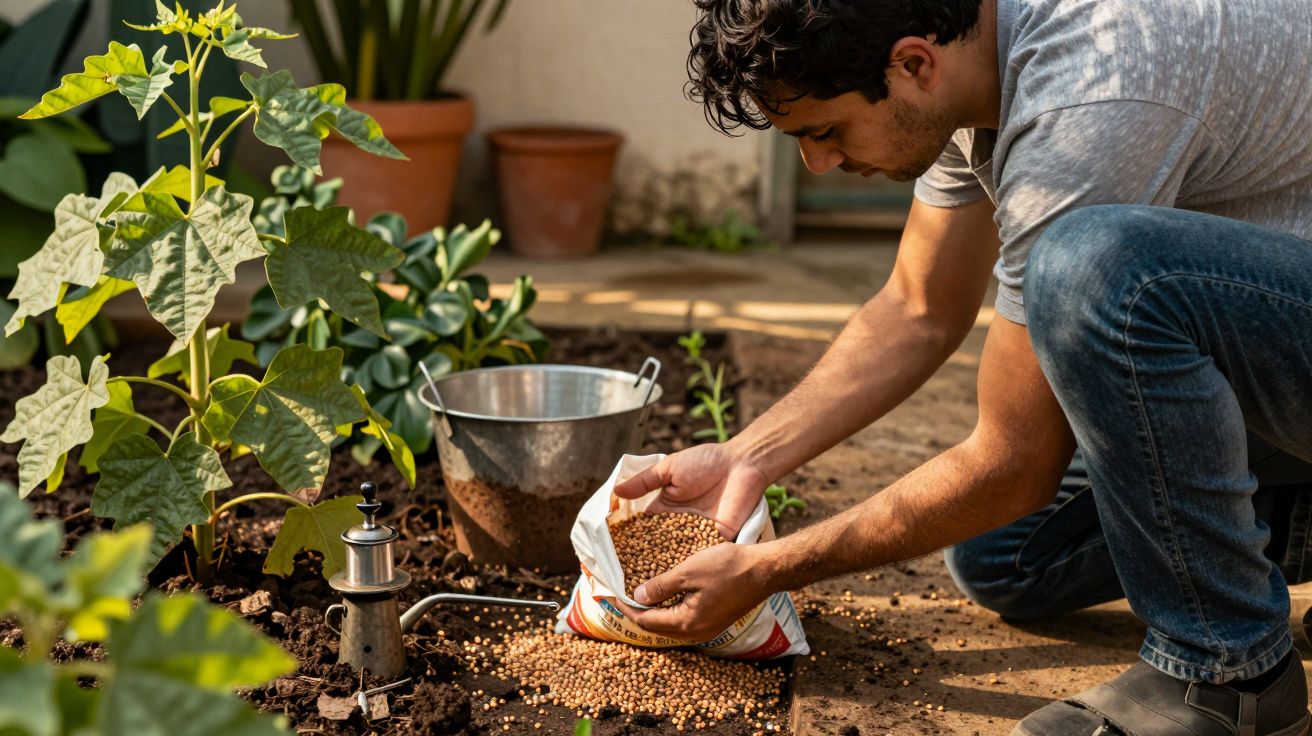 Homem a plantar sementes num jardim, agachado junto a plantas, com balde de metal próximo.